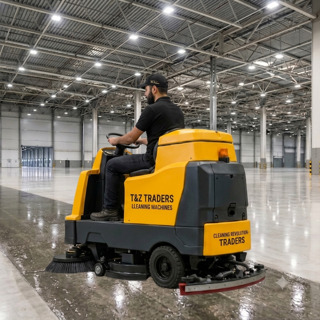 T&Z Traders yellow ride-on industrial floor cleaning machine with an operator cleaning a large, glossy concrete warehouse floor.