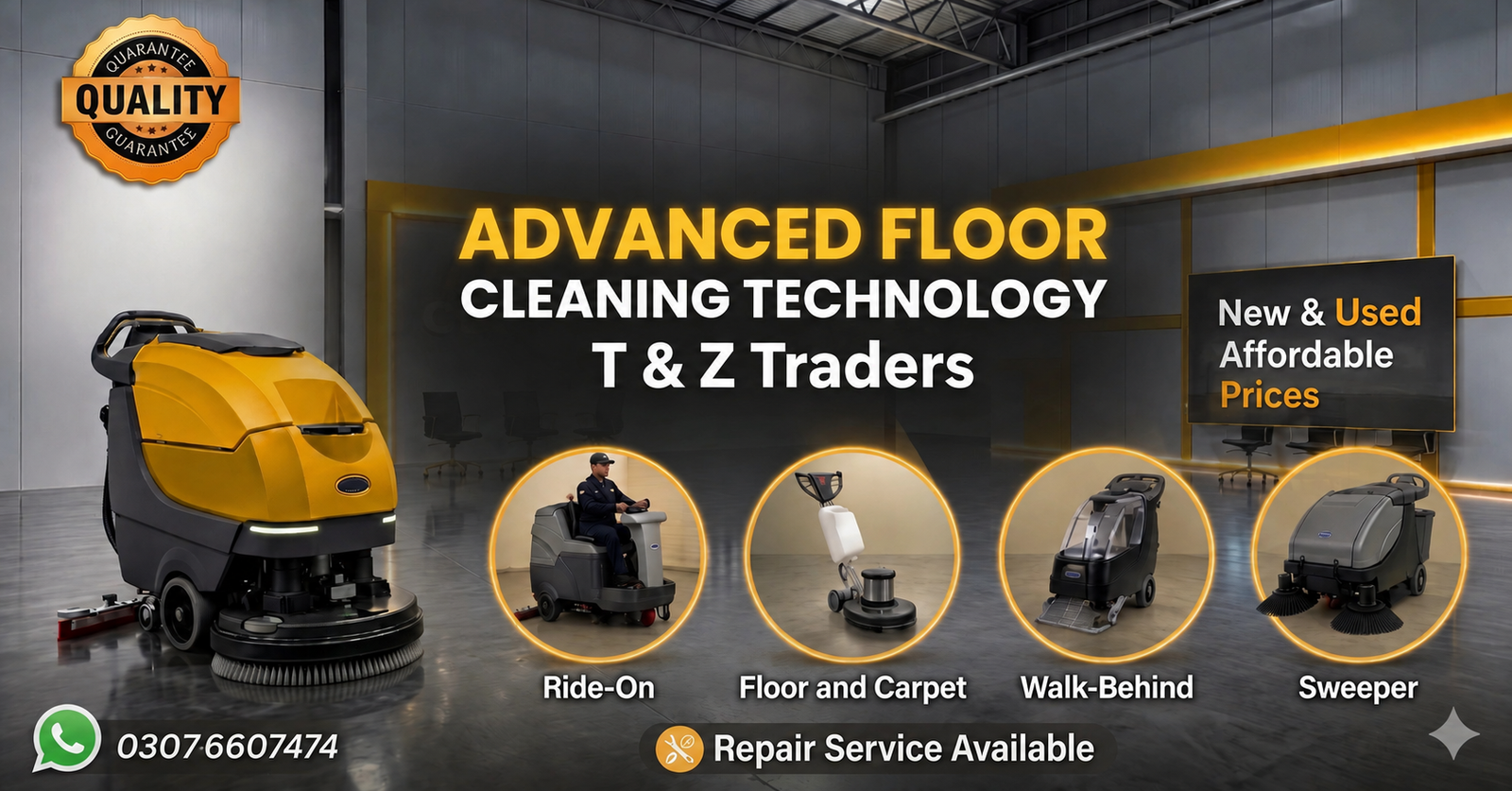 Floor cleaning machine in Pakistan by T & Z Traders – Promotional banner showcasing new and used floor washing machine with affordable prices, repair service, and quality guarantee.